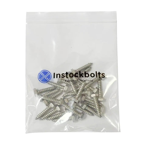 Quarter Inch By One And A Half Inch Hex Head Lag Screws In 304 Stainless Steel For Wood Construction Pack Of Twenty Heavy Duty Hex Lag Screws Corrosion Resistant For Outdoor Use And Heavy Duty Construction Projects in bag