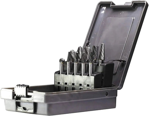 Open case showing 10 Piece Double Cut Solid Carbide Rotary Burr Set For Die Grinders With One Quarter Inch Shank Pro Grade Bits