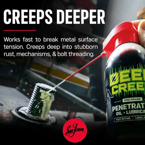 Deep Creep Penetrating Lubricant 12 Oz Spray For Automotive Marine Industrial Tools Locks And Machinery Rust Remover Moisture Displacer Cleaner Multi Purpose Rust Busting Action For Stubborn Bolts Nuts Hinges And Fittings 12 Pack shown spraying on metal bolt