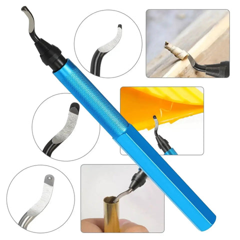 Deburring Tool Set for 3D Printing and Plastic Models with 18 Piece Blade Pack shown with various blade tips and uses on metals and plastics