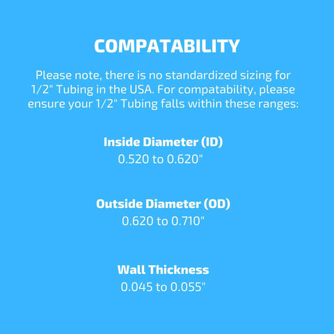 1/2 inch drip irrigation tubing compatibility chart showing ID 0.520–0.620 in, OD 0.620–0.710 in, wall 0.045–0.055 in