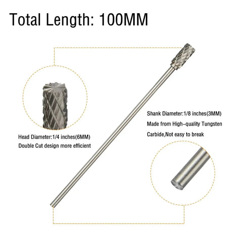 10 Piece Long Carbide Burr Set With One Eighth Inch Shank And Four Inch Total Length Tungsten Carbide Rotary Burrs With One Quarter Inch Head Dremel Die Grinder Compatible For Tight Areas In Woodworking Metal Engraving HOMEIDOL image showing a detailed view with specifications.