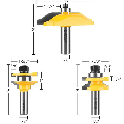 Ogee Three Bit Raised Panel Cabinet Door Router Bit Set With One Half Inch Shank Carbide Tipped For Clean Trim And Grooving Universal Fit