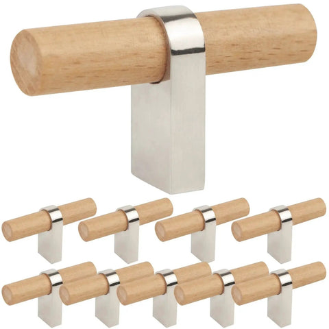 10 Pack Wooden Drawer Pulls And Knobs Natural Wood And Metal T Bar Cabinet Handles in modern Scandi style for kitchen cabinets