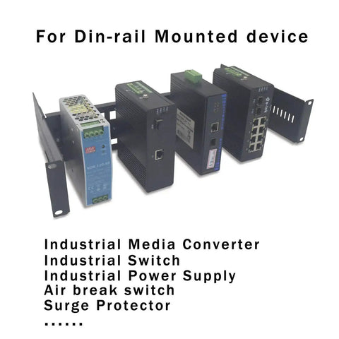 Heavy Duty 19 Inch Rack Mount DIN Rail Kit With 35mm Height DIN Rail And Adjustable Depth Bracket Shelf For Industrial Media Converters And Ethernet Switches shown with mounted devices.