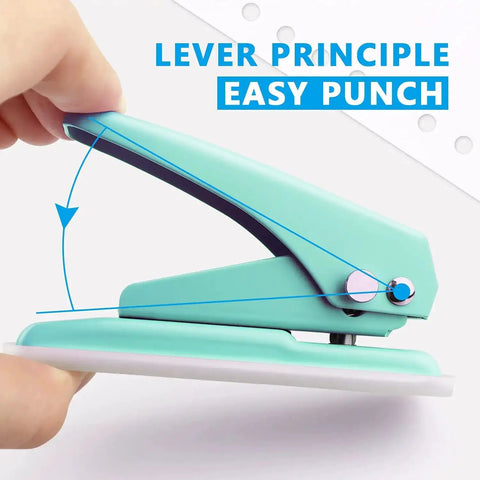 Side view of green Grab And Go Handheld One Quarter Inch Hole Punch For Up To Twenty Sheets, metal hole puncher with skid resistant base.