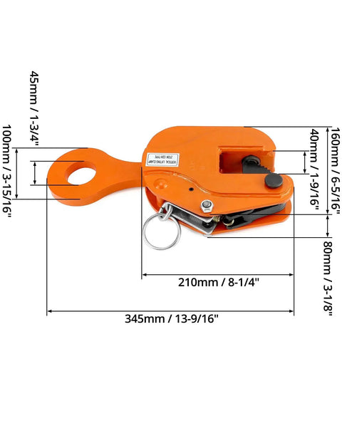 2-Ton Vertical Plate Lifting Clamp With 4400 Lb Capacity For Welding, orange, side view, with dimensions visible
