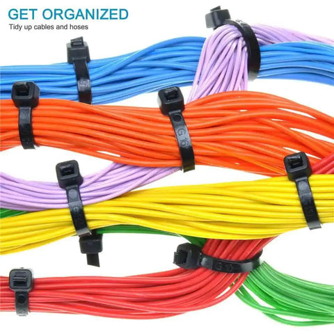 Heavy Duty Eight Inch Cable Zip Ties 100 Pack With Fifty Pound Tensile Strength, used to bundle colorful wires securely.
