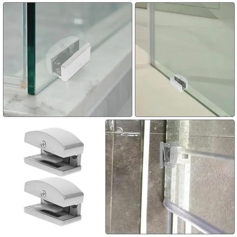 Adjustable Sliding Shower Door Bottom Guide 2 Pack Glass Door Stopper For Bathroom Track Hardware Anti Swing Limiter shown installed and standalone
