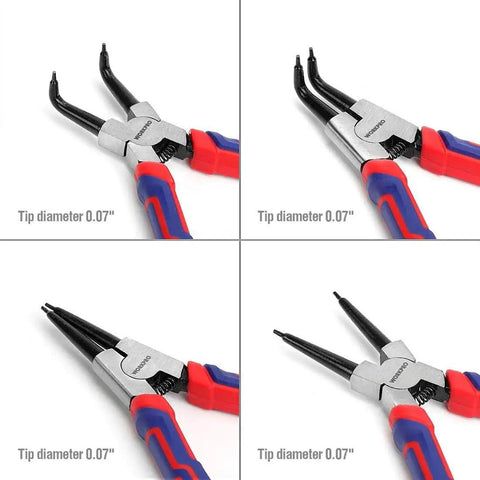 Pro Grade Four Piece Snap Ring Pliers Set with bent and straight jaws, 0.078 in tip, Cr-V steel, for internal and external circlips.