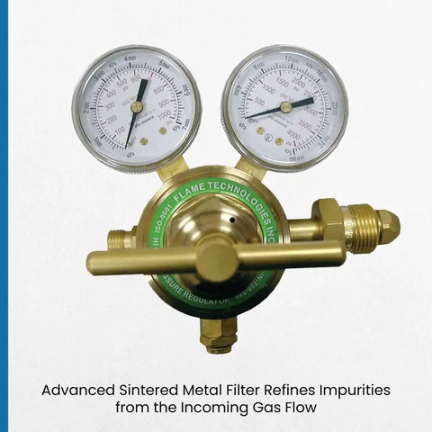 High Pressure Piston Regulator For Inert Gases With Forged Brass Body And Bonnet Dual Scale Gauge, front view, nitrogen and argon use