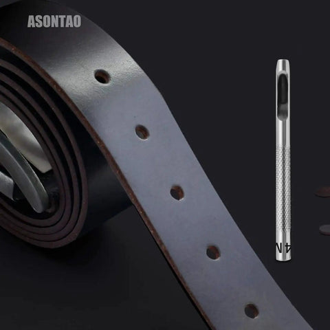6 Piece Hollow Leather Hole Punch Set for Belts And Watch Bands, showing a leather belt with punched holes and a metal punch tool