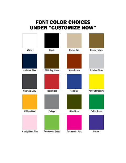 Color chart for Custom Morale Name Tapes With Border 1x5 Patch For Uniforms, includes Coyote Brown, Air Force Blue, etc.