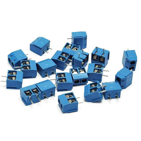 Blue 60 Pieces 5mm Pitch 2 Pin And 3 Pin PCB Mount Screw Terminal Block Connectors for Arduino scattered on a white background.