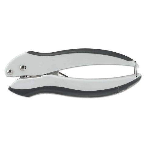 EZ Squeeze One Hole Paper Punch For 10 Sheets With No Jam Tech, ultra lightweight tool with ergonomic grip and handle lock in gray blue