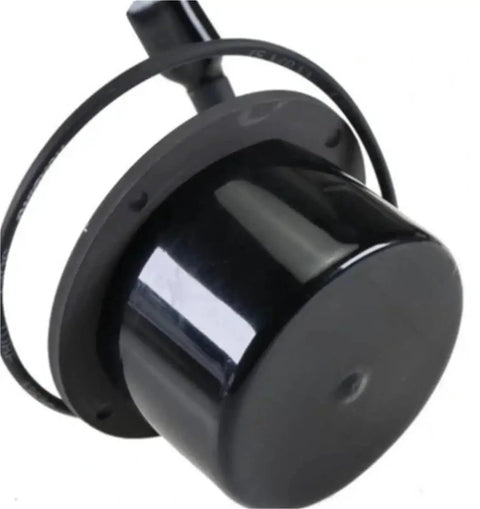 Black electromagnetic brake motor disc for forklift, round housing with mounting flange and cable, side view