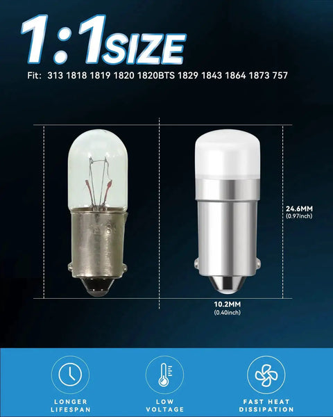 Comparison of BA9S LED Bulbs 12V Bi Polar Replacement For Indicator Lights with original bulb showing size dimensions and fits.