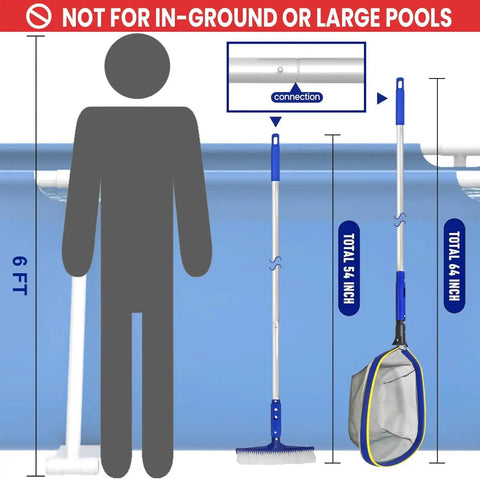 Diagram illustrating the All In One Pro Grade Pool Cleaning Kit with 10 inch nylon brush and 50 inch telescopic aluminum pole.
