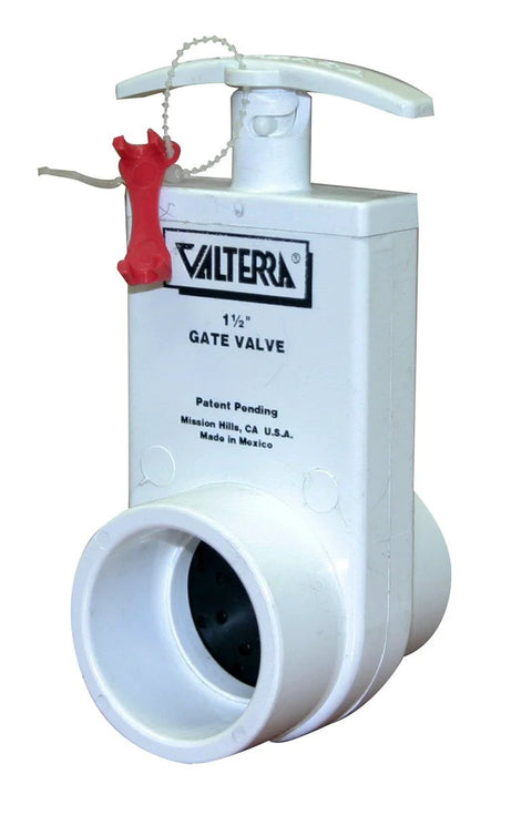 Valterra PVC gate valve, white unibody, 1-1/2 in ID, red T-handle with keeper chain