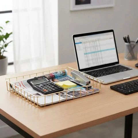 Gold Desk Paper Organizer Tray With Big Capacity For Letters, Mail, Files And Magazines Metal Letter Tray File Holder on office desktop