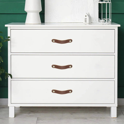 Leather Drawer Pulls 4 Pack White Microfiber Leather Dresser Knobs With Double Hole Mounting And Included Screws Installed On Cabinet