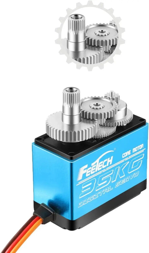 FEETECH 180° servo motor, blue aluminum housing with visible gear train (front view)