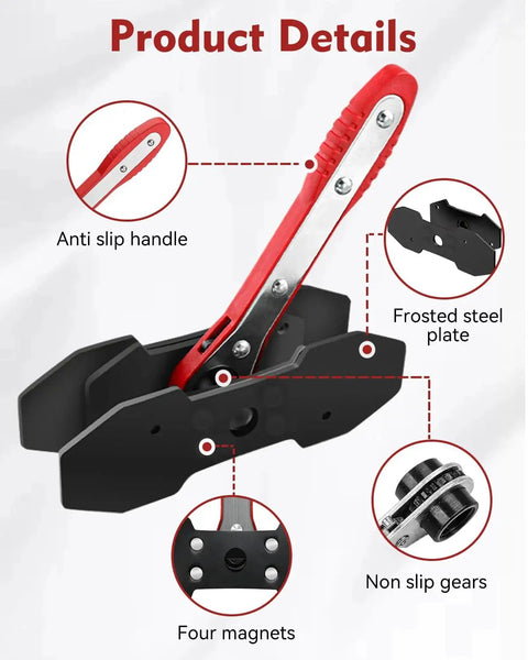 Brake caliper compression tool with red anti-slip handle, frosted steel plate, four magnets and hooks