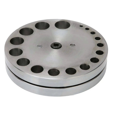 Disc Cutter Set With Seventeen Dies For Metal Forming Punch Die Discs Durable Steel Construction Great For Brass Gasket And Styrene Sheet Crafting Ideal For DIYers And Jewelry Makers At Home, showing round steel disc with multiple die holes