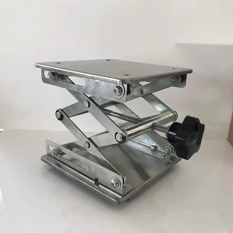 Side view of Stainless Steel Lab Jack Stand Platform 8x8 Inch Scissor Lift 80-326mm 50kg with adjusting knob.