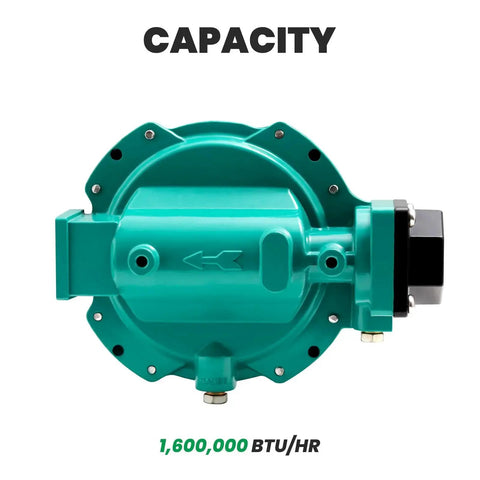 Front view of two-stage propane regulator with stable low-pressure output up to 10 PSIG for grills, heaters, and RVs.