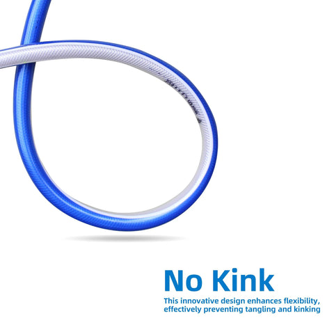 Garden hose, blue 3/4 in, coiled with white interior, No Kink logo visible