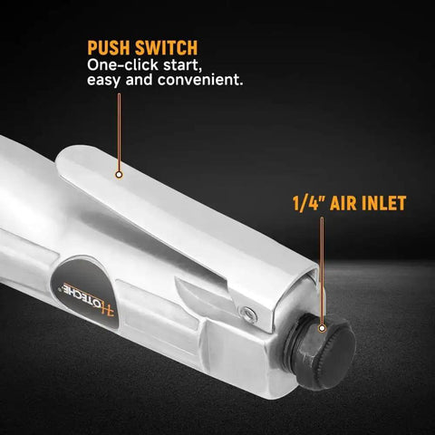 Close-up of the Air Nibbler Pneumatic Metal Cutter 3600 RPM showing push switch and 1/4" air inlet on a dark background.