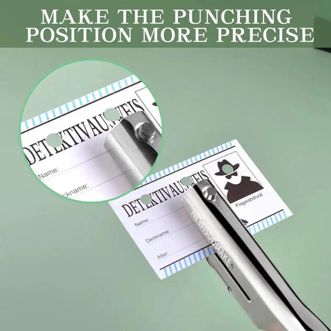 Heavy Duty 1/4 Inch Hole Punch With 2 Inch Deep Throat punching ID card, showing precise hole making for office, school, or craft projects.