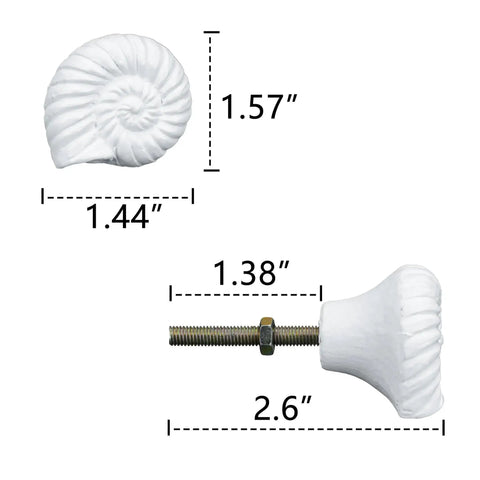 Size details of Six Pack Resin Beach Conch Cabinet Knobs In Antique White Finish, showing 3D shell pull handles measurements.