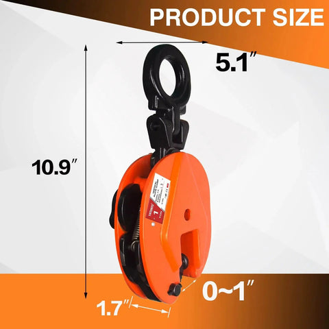 Side view of Plate Lifting Clamp 1 Ton With Point Six Inch Jaw Opening For Steel Plates, showing dimensions and orange body.