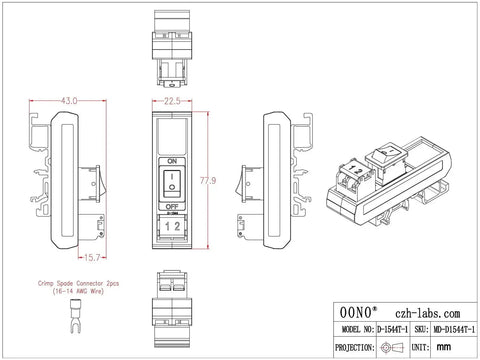 Technical drawing of Rail Mount Rocker Switch Module For 10 Amp Power, Compatible With 250VAC Or 50VDC, One Channel, Easy On Off Rocker