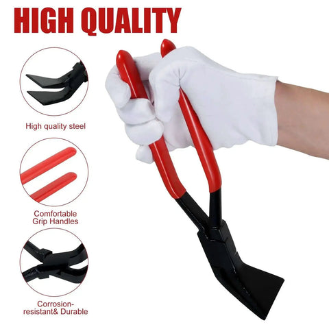 Pro Grade Three Piece Hand Seamer Set for sheet metal bending held in glove with red handle, straight pliers head