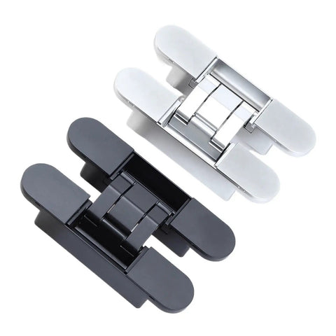 Three Dimensional Adjustable Invisible Hinge For Hidden Folding Doors Inner Opening Concealed Wooden Doors 180 Degree Swing Matte Black Hardware Easy To Install And Operate in black and silver.