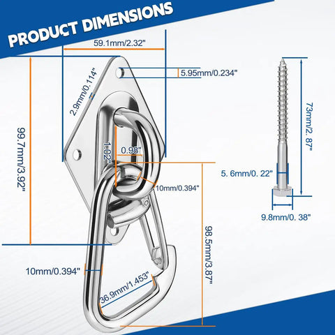 Heavy Duty Hammock Hanging Kit With Stainless Steel Pad Eye Hooks And Mounting Screws, 3600 Lbs Load Capacity dimensions detail