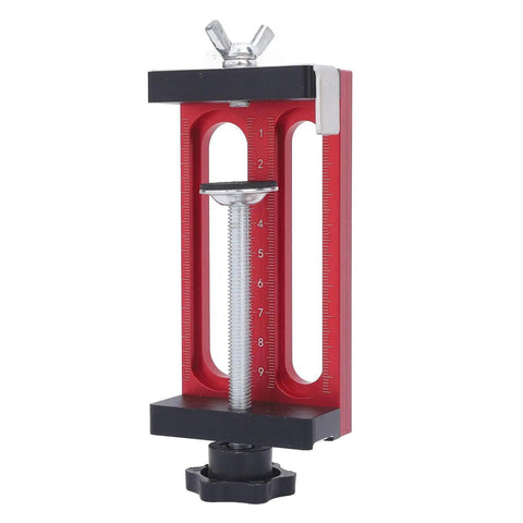 Pro Grade Dowel Hole Guide Aluminum Alloy Drill Jig front view with adjustable screw mechanism and measurement markings for woodworking.