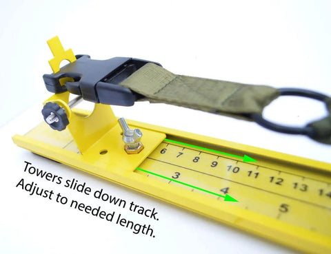 Adjustable Paracord Jig 2 To 47 Inches, Lightweight Aluminum Craft Tool with green strap on yellow track, side view.