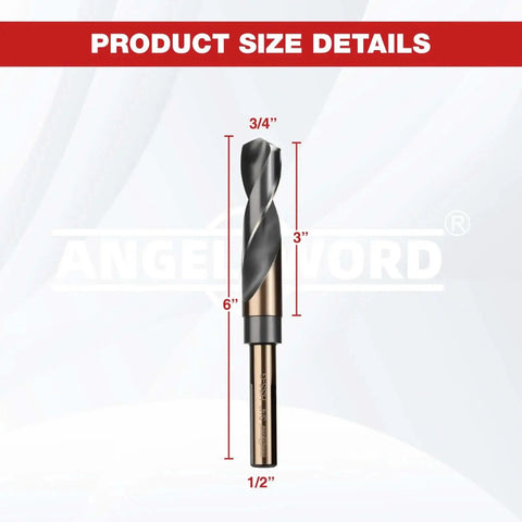 Heavy Duty Pro Grade 3/4 Inch Reduced Shank Drill Bit In M2 High Speed Steel With 1/2 Inch Universal 3-Flat Shank, shown with size details.