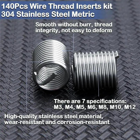 Thread Repair Kit With 140 Pcs 304 Stainless Steel Helical Wire Inserts M3 To M12 In 7 Sizes, coiled helicoil type view
