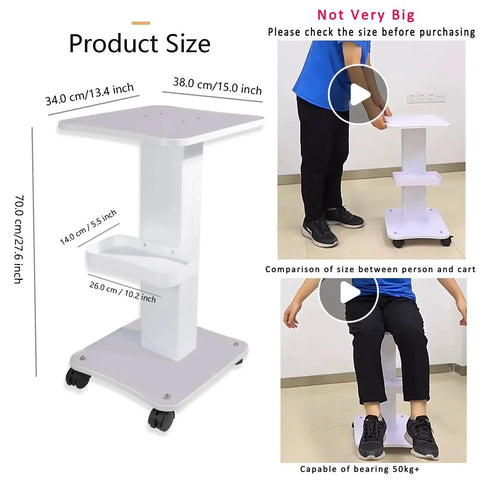 Dimensions and size comparison of Esthetician Trolley Cart With Silent Wheels For Spa And Beauty Salon with a person for scale.