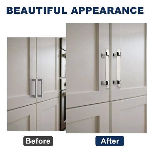 Before and after comparison showing cabinets with 5 Pack Polished Chrome Acrylic Cabinet Pull Handles For Kitchen Drawers And Bathroom Cabinets, 3 Inch Center To Center, 110mm Total Length, 38mm Height, Zinc Alloy Base With Clear Acrylic Tube, Modern Hardware Update.