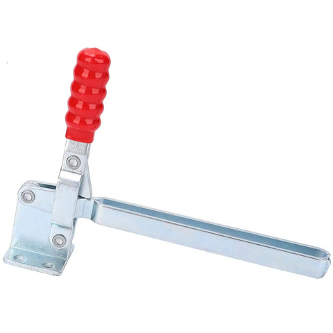 Beefy Heavy Duty Iron Galvanized Toggle Clamp With 180kg Clamping Force For Woodworking And Construction, red handle, side view.