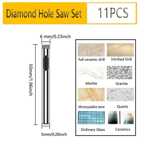 One Quarter Inch Diamond Hole Saw Set Eleven Piece For Glass Tile Ceramic Marble Bottles Pots With Diamond Coated Edges And Hardened Steel