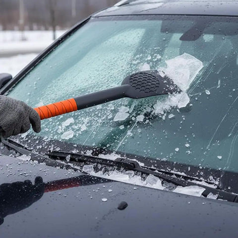 Person using All In One 4 In 1 Car Snow Brush And Ice Scraper With 45 Inch Extendable Reach on a windshield covered with ice.