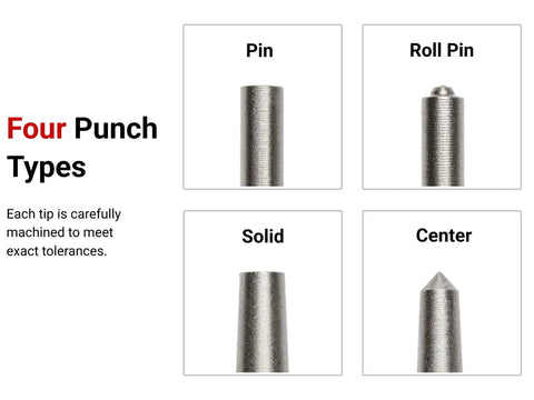 Four punch types from Do It All Punch Set With Walnut Block For Metal And Woodworking, 18 Piece Kit.
