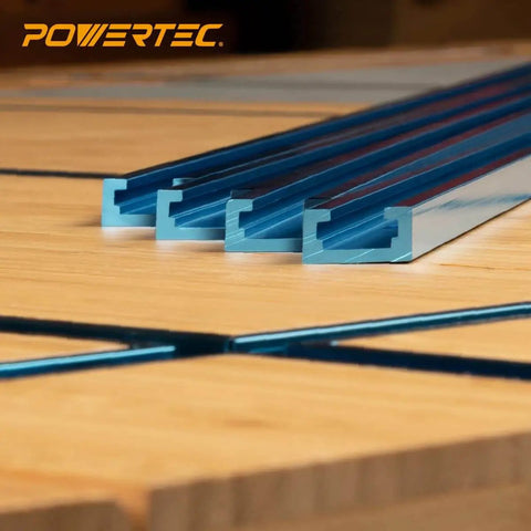 Close-up of Six Pack 24 Inch Universal T Track With Double Cut Profile And Pre Drilled Mounting Holes for woodworking installations